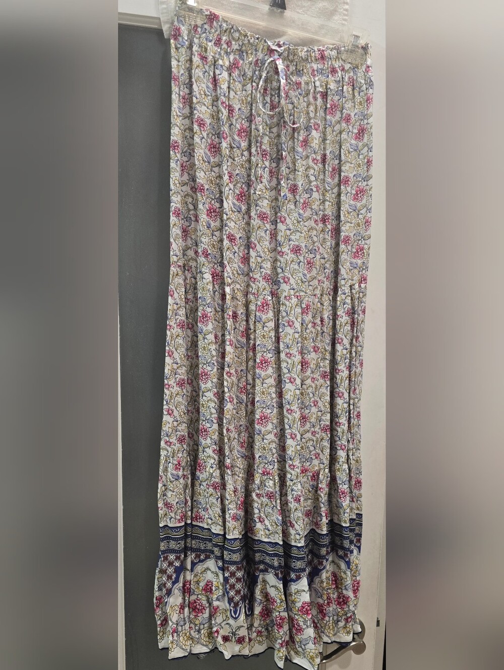 Floral Tiered Maxi Skirt - White with Pink & Blue Floral. 1-2" Elastic Waist. S